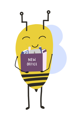 A bee holding a purple box labelled 'New Office'. An illustration.